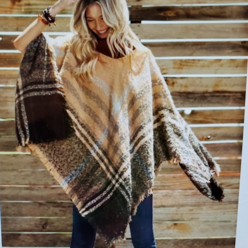 Cozy Plaid Poncho in Brown and Tan